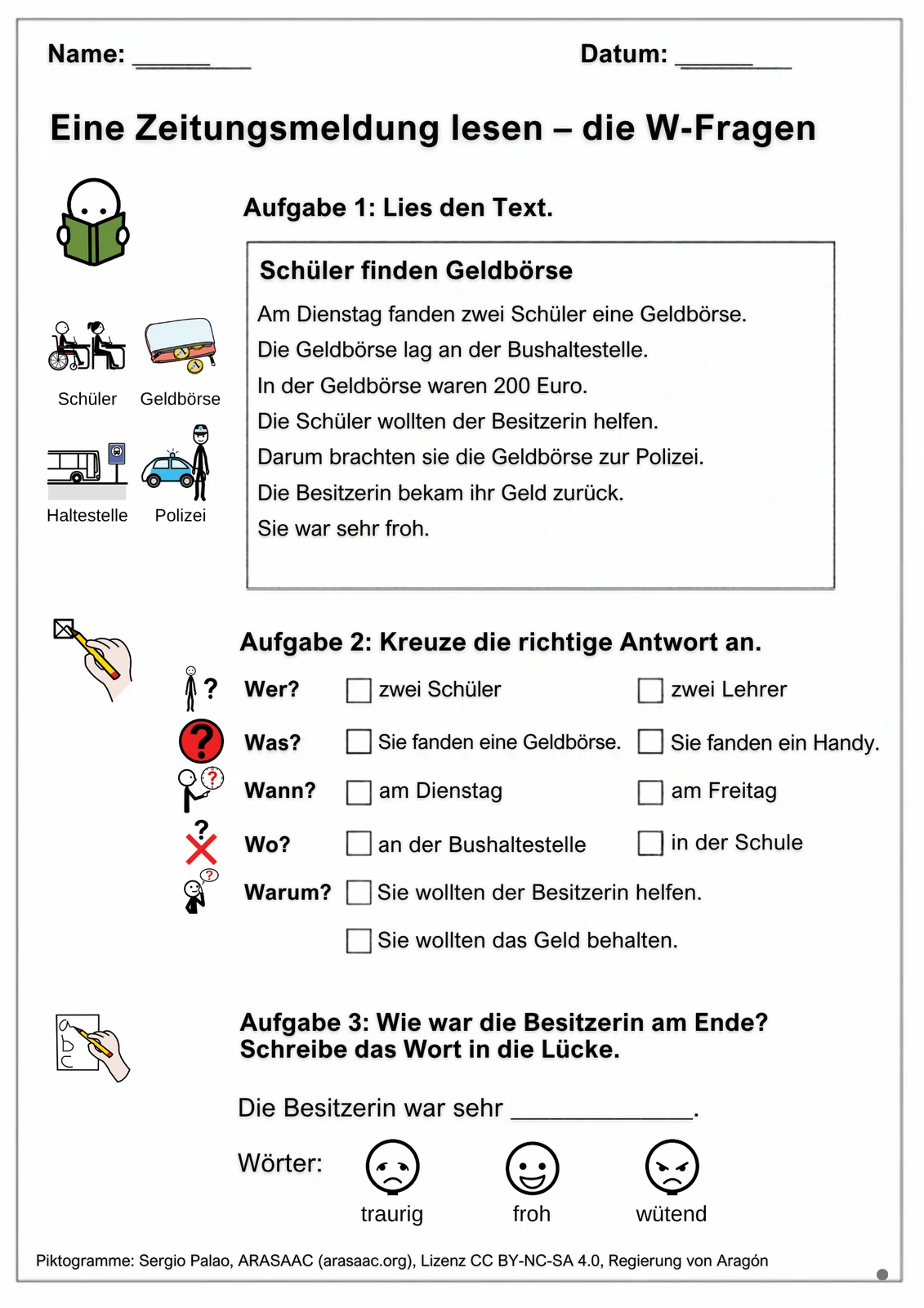 Blatt B: Text und alle drei Aufgaben auf einer Seite. Wenige Symbole am Rand, Antworten zum Ankreuzen ohne Symbole.