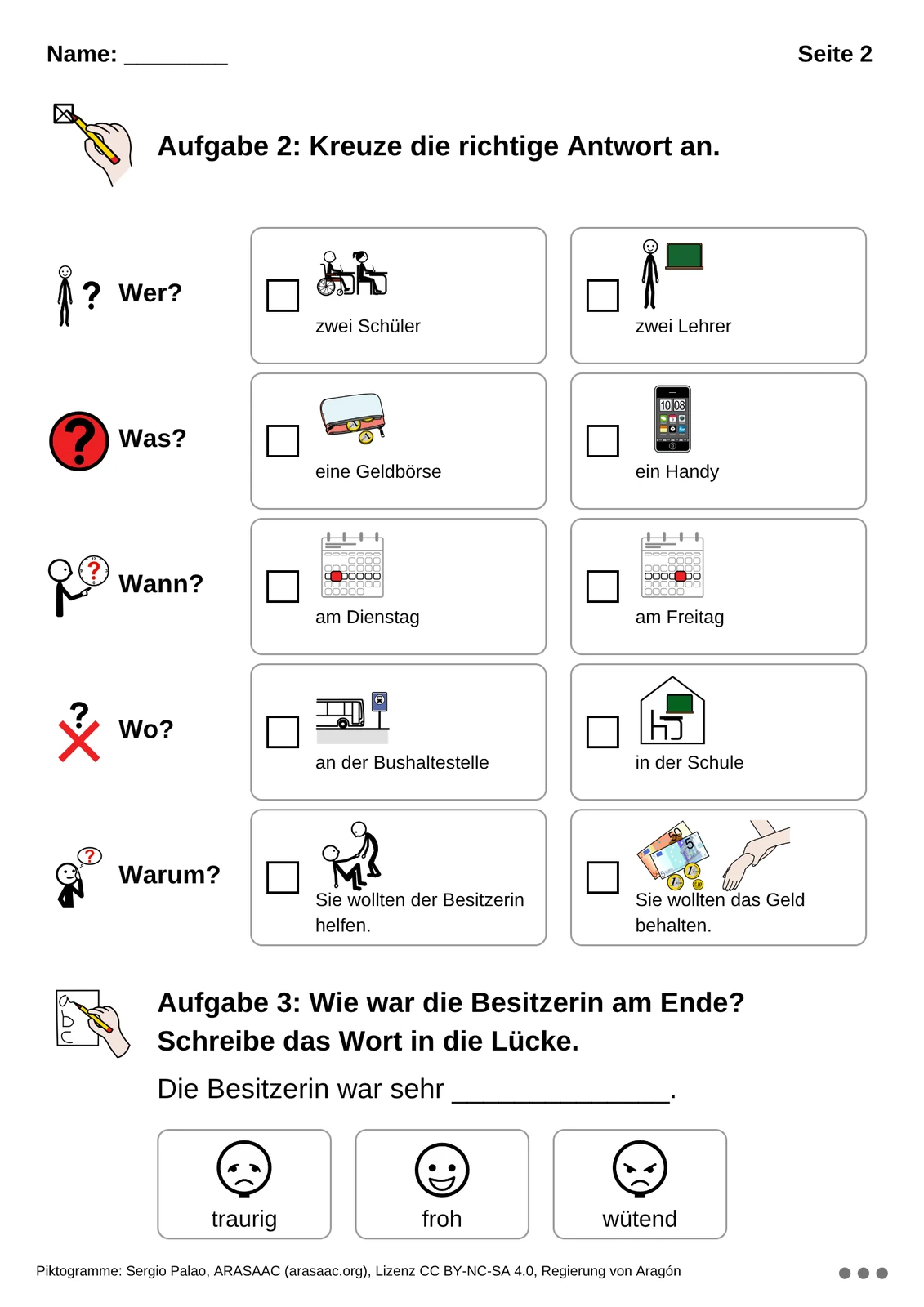 Blatt A: Aufgabenseite. Jede Antwort steht in einem eigenen Kasten mit Symbol, zum Beispiel zwei Schüler, Geldbörse, Kalender, Bushaltestelle. Text schwarz.